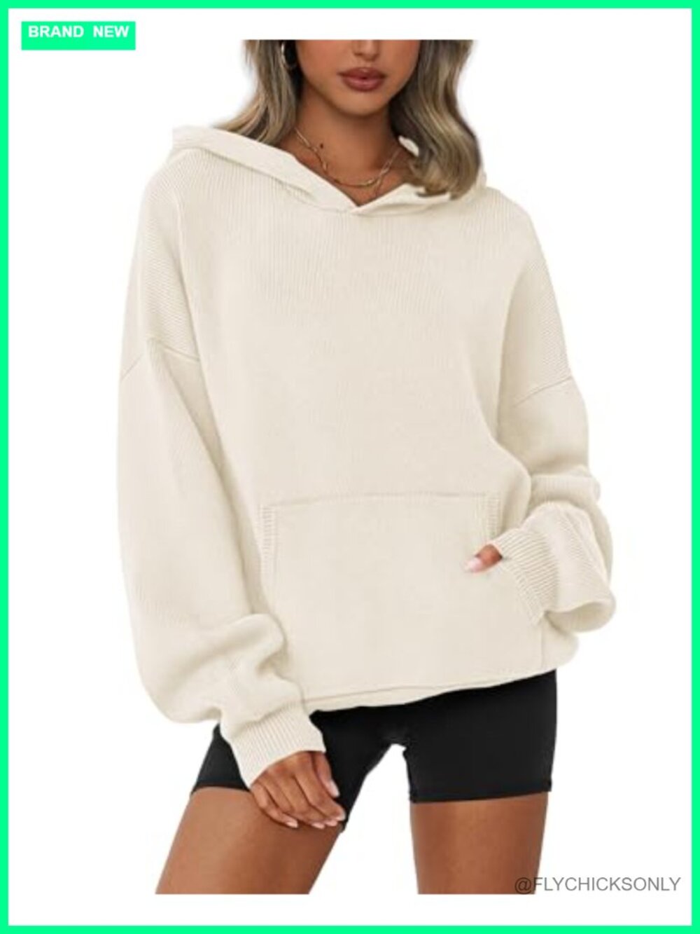 Oversized Lantern Sleeve Chunky Knit Hooded Pullover Sweater with Pocket